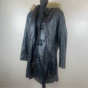 Jaclyn Smith Classic Black Genuine Leather Toggle Duffle Coat Faux Fur Hood L‎